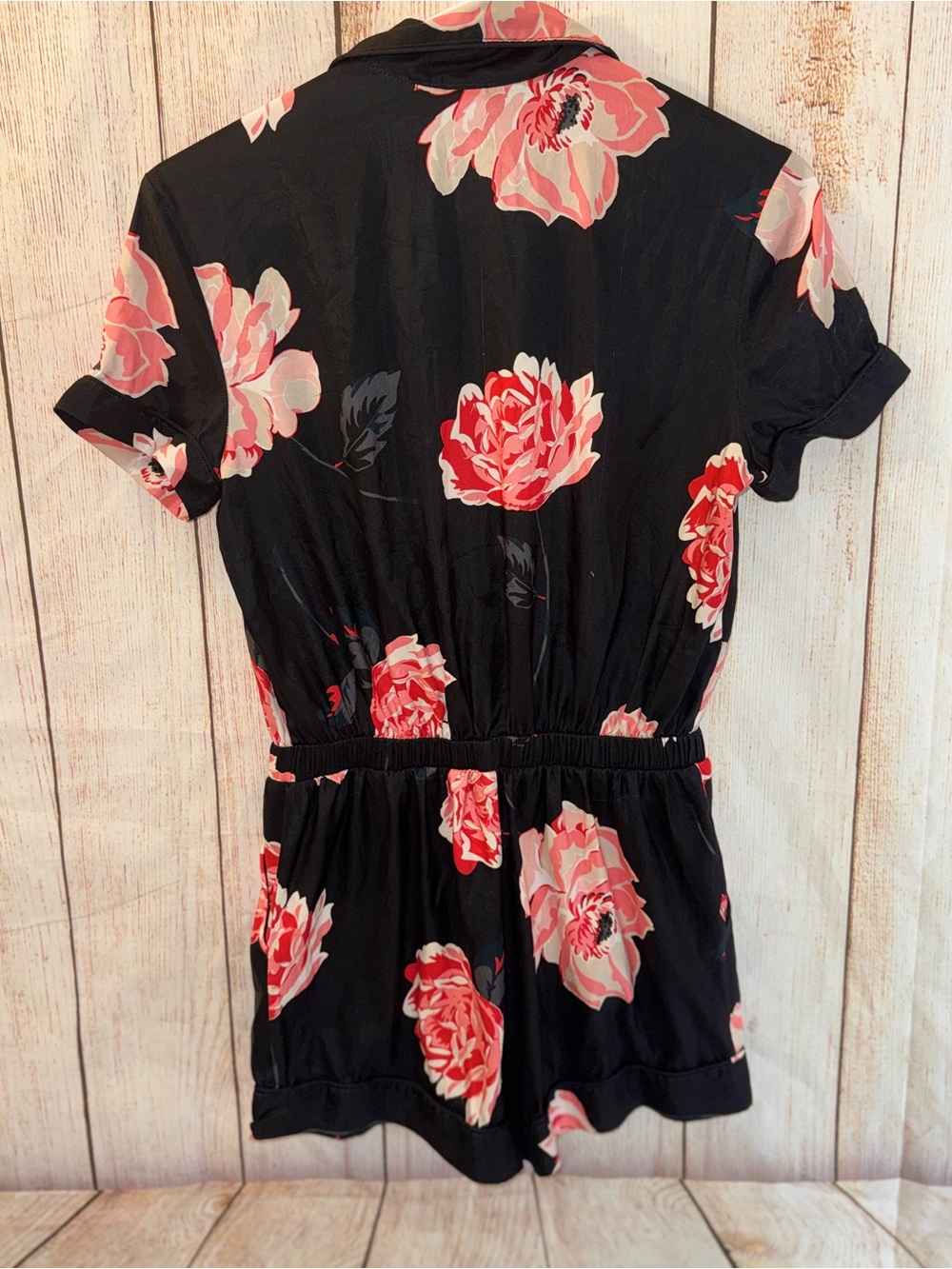 VICTORIA'S SECRET Intimates Black Satin Pink Floral Romper Tie Elastic Waist XS - Picture 7 of 13